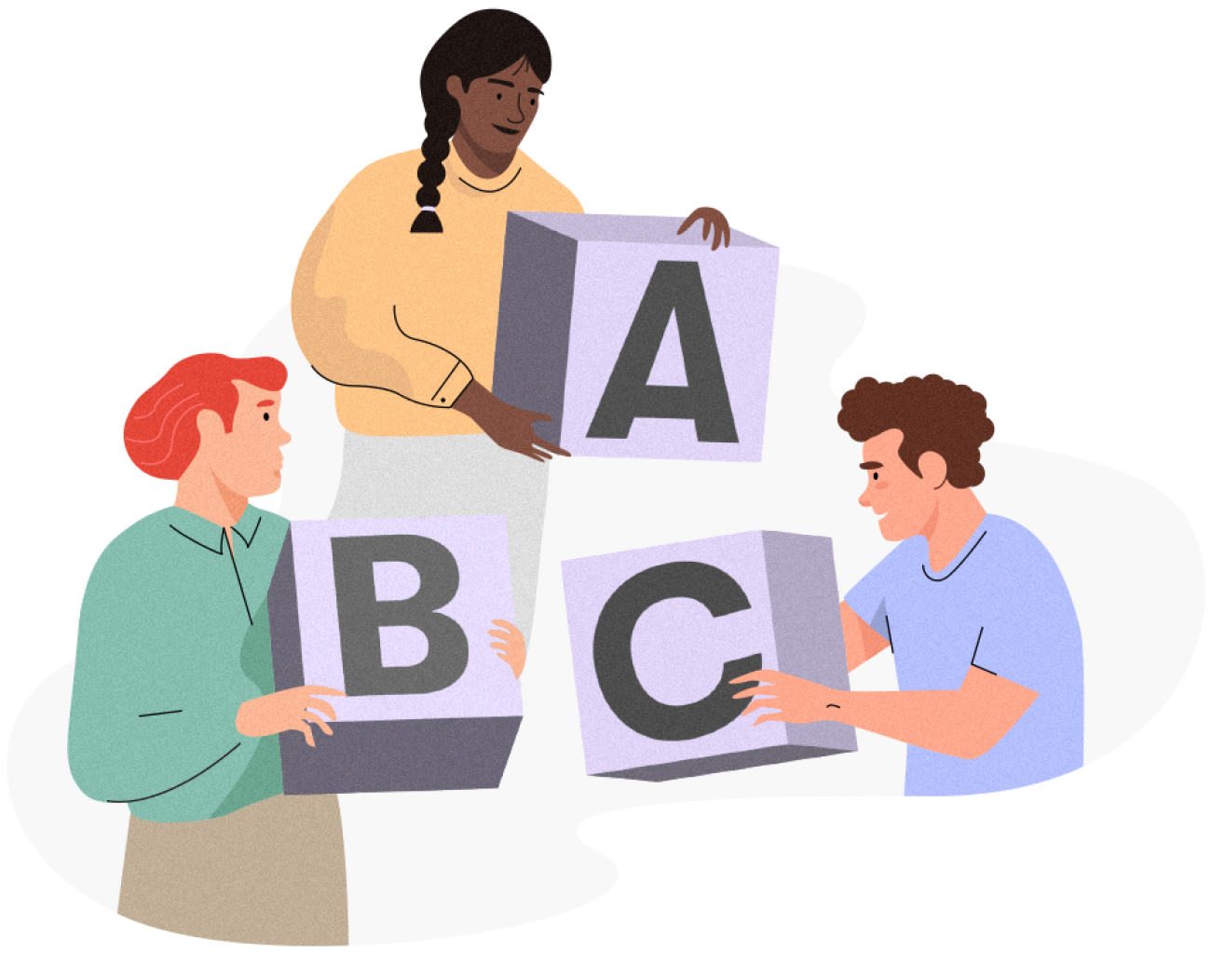3 people holding A, B and C letters